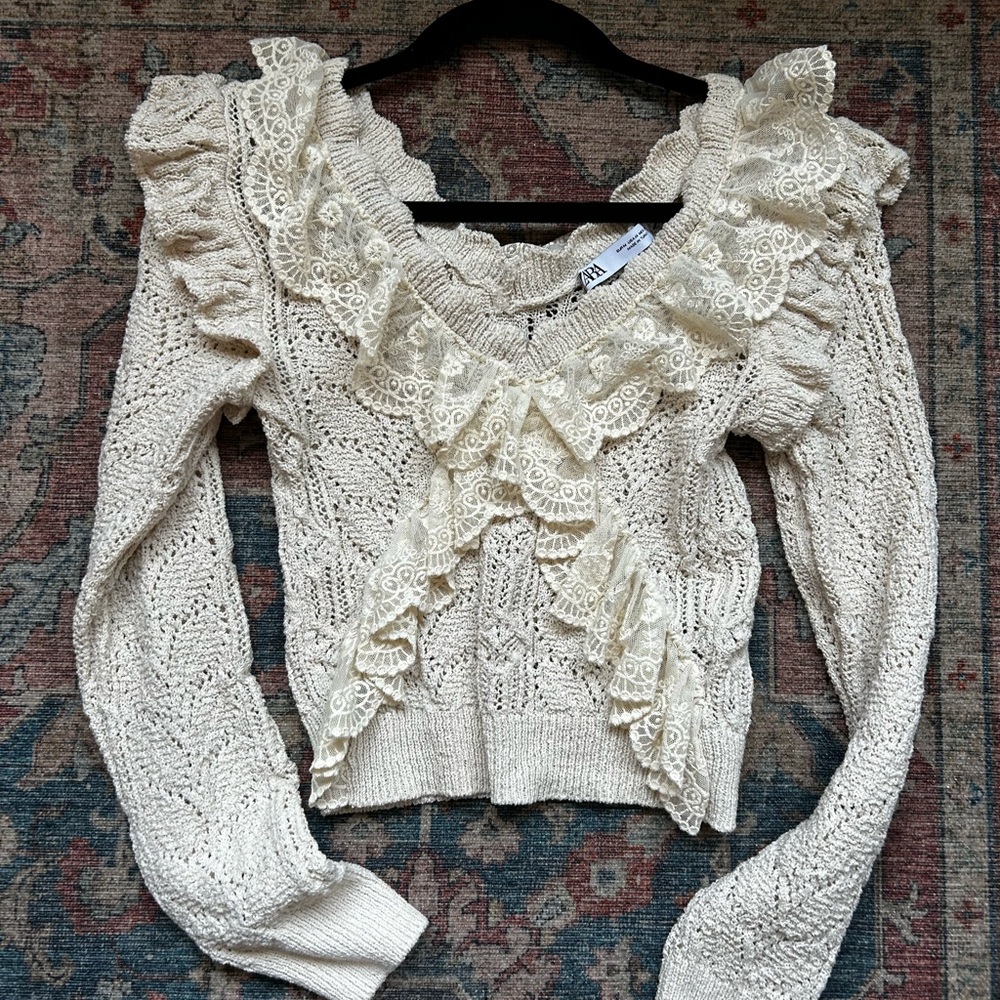 Zara Cream Lace Ruffle Sweater